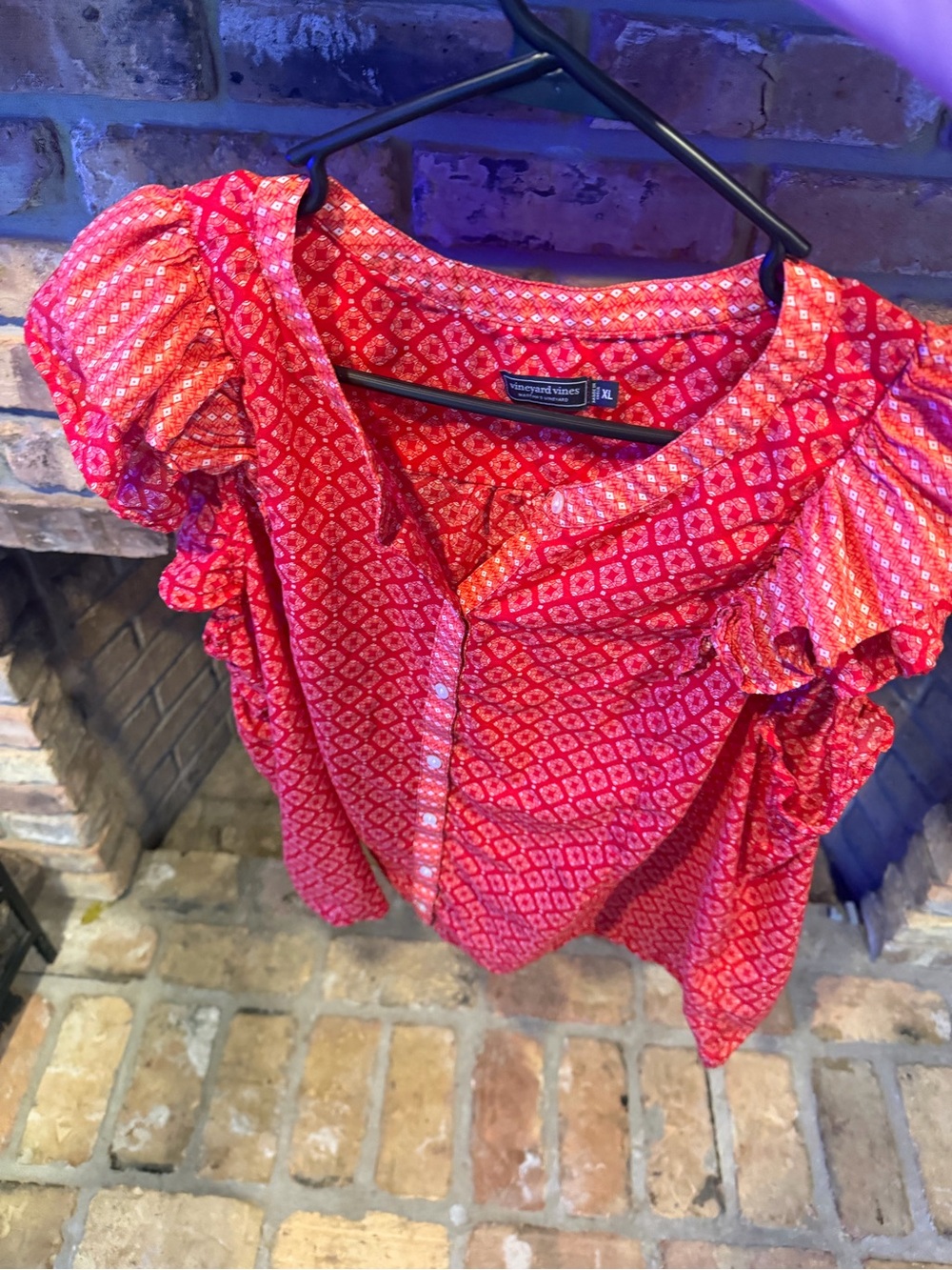 Vineyard Vines Pink-Red Geometric Ruffle Sleeve Blouse Size XL